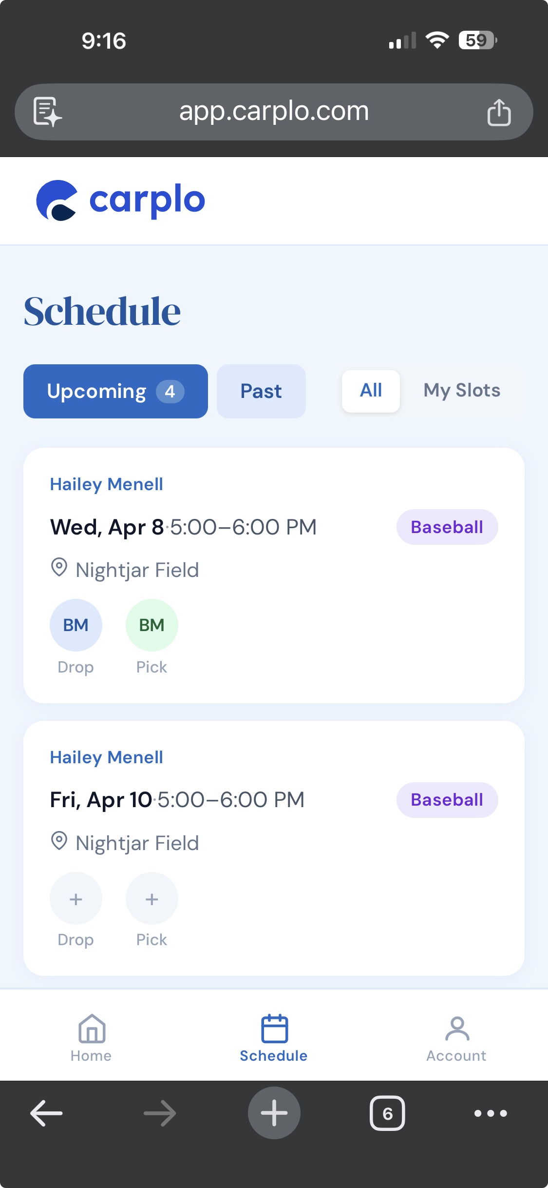 Carplo app schedule view